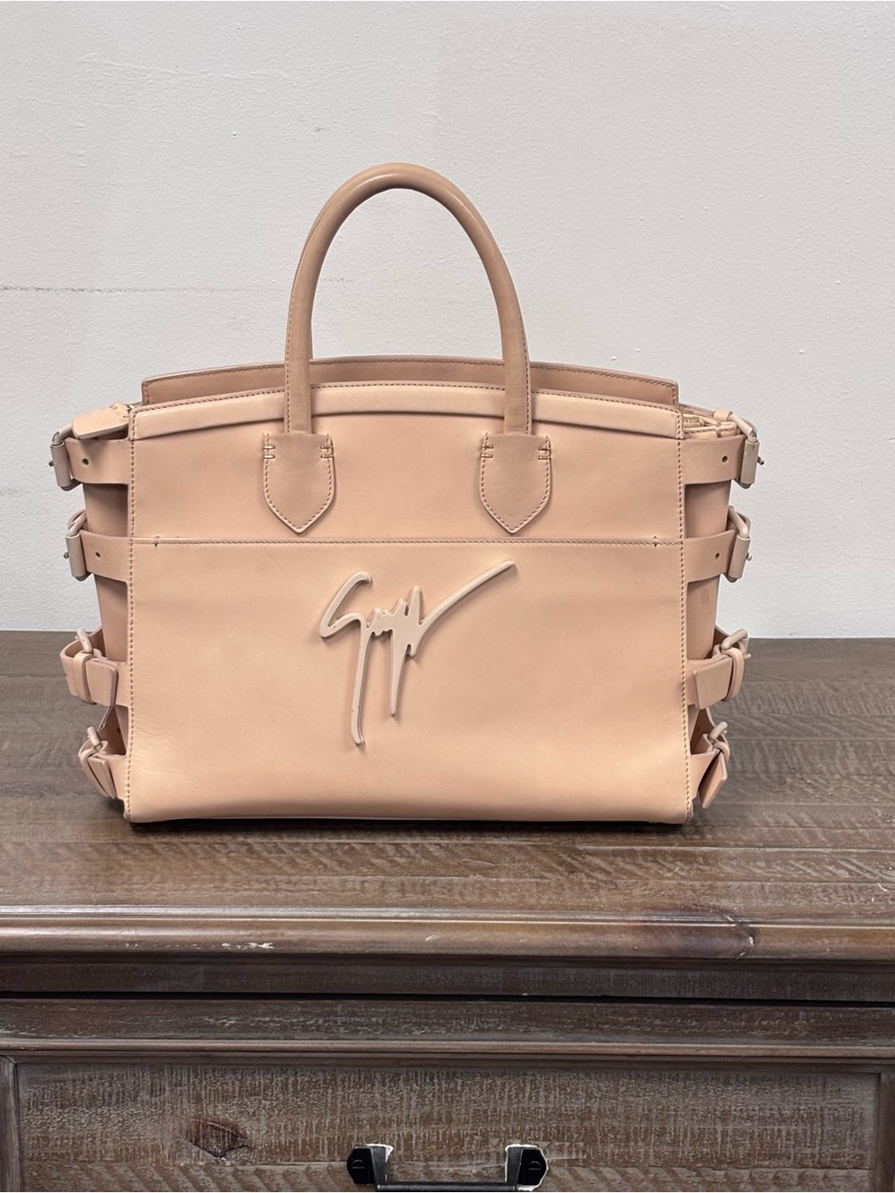 Giuseppe Zanotti Nude Beige Leather Satchel with Signature Logo in Tan